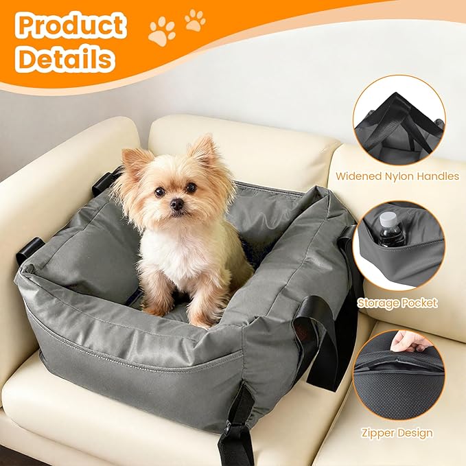 Dog Car Seat for Small Dogs, Large Leather Dog Car Bed with Storage Pocket, Waterproof PVC Leather Booster Seat Travel Bed for Front & Back Seat, Clip-On Safety Leash (Black/Grey)