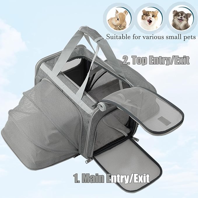 Dog Carrier Cat Carriers Grey Soft Pets Bag Airline Approved Dog Carrier for Small Dogs Carrier,2 Sides Expand,Stylish Rabbit Bunny Pets Carriers Travel Outdoor Carry Kennel