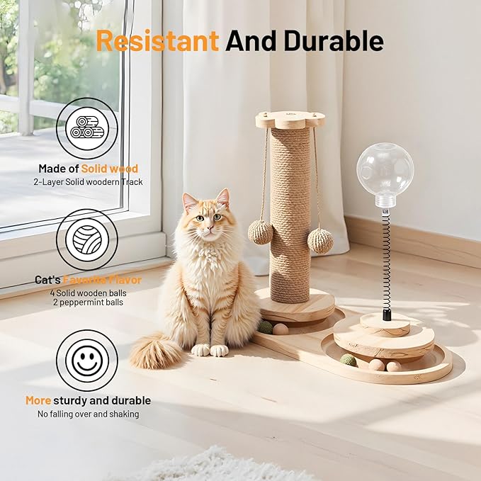 Sisal Scratching Post for Cat Kitten Small Cat Scratcher with Cat Food Feeder，Interactive Toy,Hanging Ball,Wooden 2 Level Track