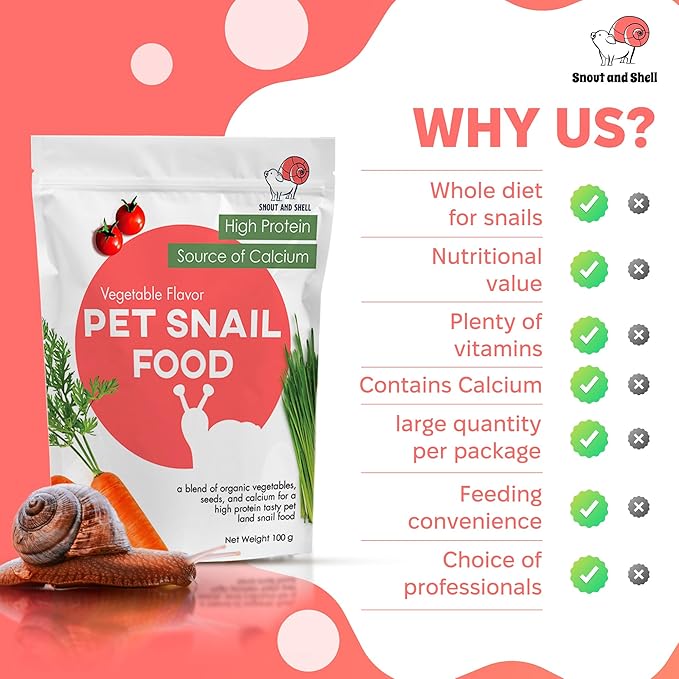 Snout & Shell Vegetable Flavored Pet Land Snail Food - Tasty High-Protein, Calcium Blend for Snails, Easy Addition to Your Garden Snails Terrarium or Snail Habitat