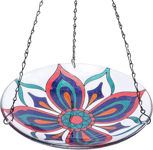 MUMTOP Hanging Bird Baths for Outdoors - Glass Bird Bath, 11 Inch Hanging Bird Bath Bird Feeder Bowl for Outside, Garden, Lawn Yard Decor (Colorful Kaleidoscope)