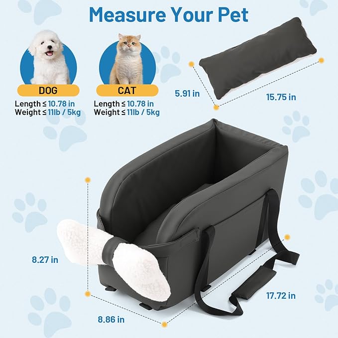 Center Console Dog Car Seat for Small Dogs Puppy Pet Booster Seat for Car PU Leather Travel Pet Car Carriers for Cat with Adjustable Safety Belt Support Pet up to 11lbs