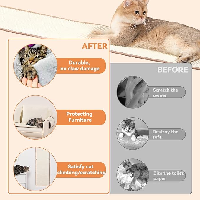 66.93x13.38x0.32 inch Thickened Cat Wall Scratcher Carpet, Cat Climbing Wall, Durable Cat Wall Furniture, Tall Cat Scratching Post, Wall Scratchers for Indoor Cats Sofa Protector (Beige-Velcro Strap)