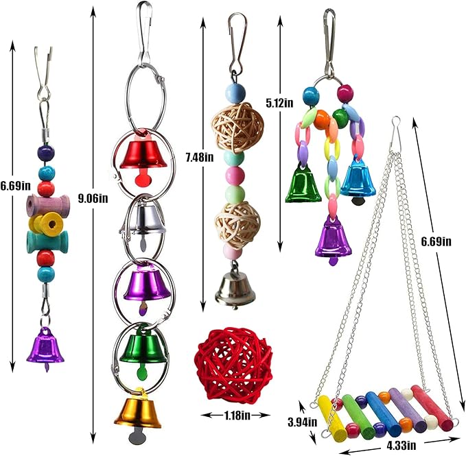 Hamiledyi Bird Parrot Swing Chewing Toy Set 15PCS Wooden Hanging Bell with Hammock Climbing Ladders Colorful Pet Birds Cage Toys for Small Parakeet Cockatiel Finches Conures Budgie Macaws Love Birds