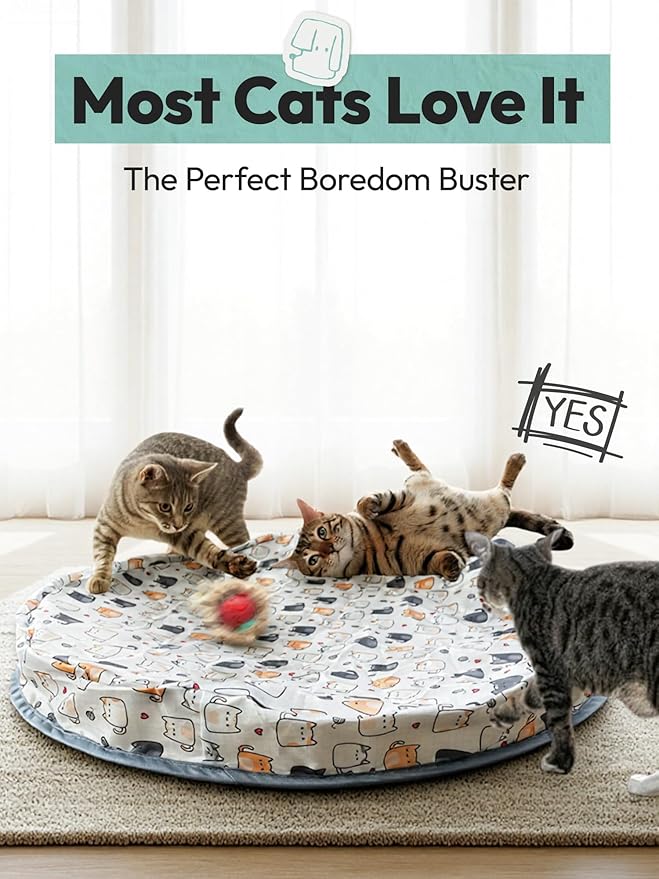 Interactive Cat Toy with Moving Ball, USB Rechargeable Undercover Hide and Seek Mat for Indoor Cats & Kittens, Automatic Exercise & Entertainment Play Pad