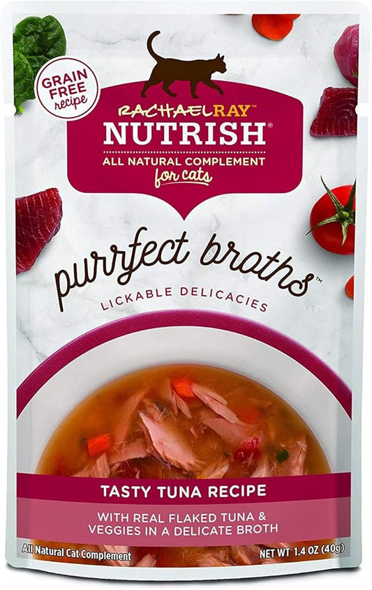 Rachael Ray Nutrish Purrfect Broths Wet Cat Food, Tasty Tuna Recipe with Flaked Tuna & Veggies, 1.4 Ounce Pouch (Pack of 24), Grain Free