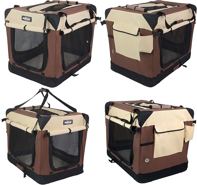 EliteField 4-Door Folding Soft Dog Crate with Curtains, Carrying Bag and Fleece Bed (2 Year Warranty), Indoor & Outdoor Pet Home (36" L x 24" W x 28" H, Brown+Beige)