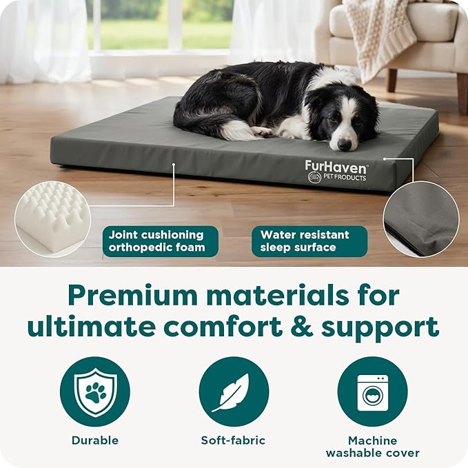 Furhaven Water-Resistant Orthopedic Dog Bed for Large/Medium Dogs w/ Removable Washable Cover, For Dogs Up to 55 lbs - Indoor/Outdoor Logo Print Oxford Polycanvas Mattress - Stone Gray, Large