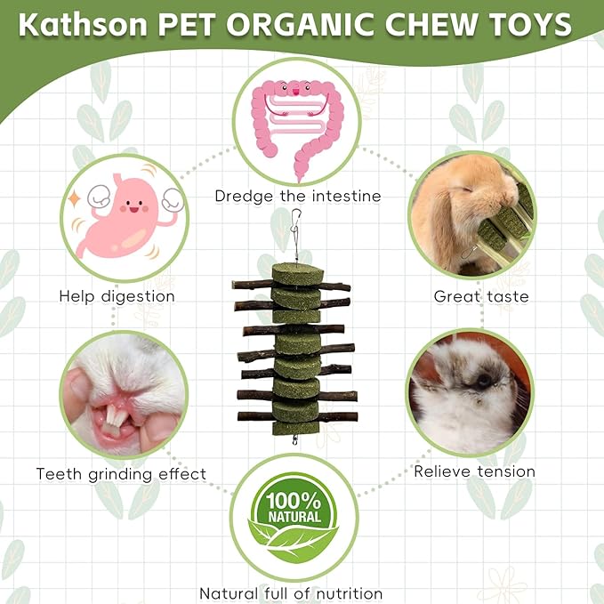 kathson 6 PCS Bunny Chew Toys for Teeth Grinding, Chinchilla Treats Organic Bamboo Sticks Natural Fruitwood Branches for Rabbits Guinea Pigs Hamsters (Fruitwood Sticks+Alfalfa Cakes)