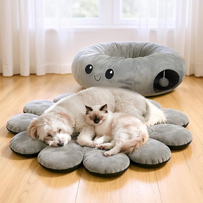 Cat Tunnel Bed for Indoor Cats, Peekaboo Cat Cave Bed,Soft Cat Donut Tunnel for Kitten Large Cats, Cute Grey Octopus Shaped
