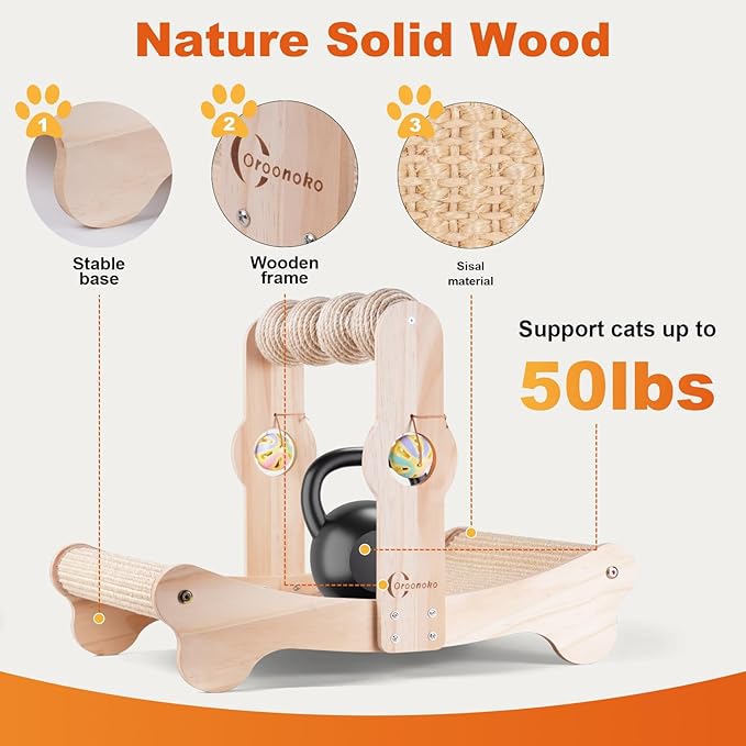 Oroonoko 4-in-1 Cat Scratcher Bed with Scratching Balls & Bells, Large Sisal Scratching Post, Cat Hammock Bed for Indoor Cats, Anti-Tip Wood Base, Cat Bed & Scratch Pad for Large Cats up to 50 lbs