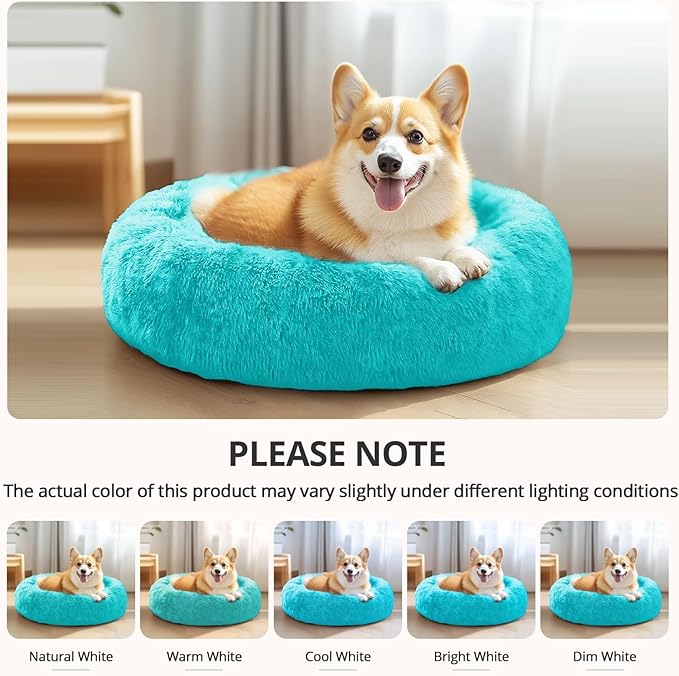 JOLLYVOGUE Calming Dog & Cat Bed for Small Dogs, Anti-Anxiety Donut Cuddler Cozy Soft Round Bed with Anti-Slip Bottom, Fluffy Faux Fur Plush Cushion Beds for Small Medium Pets (23")