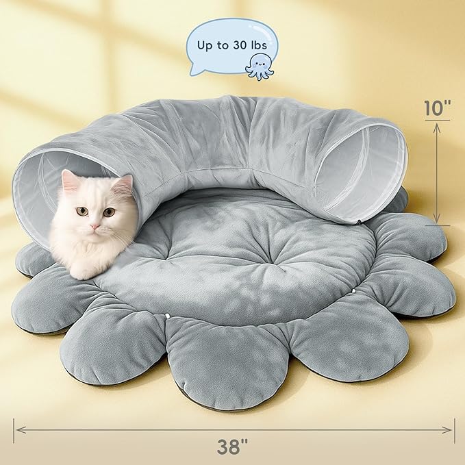 Cat Tunnel Bed for Indoor Cats, Peekaboo Cat Cave Bed,Soft Cat Donut Tunnel for Kitten Large Cats, Cute Grey Octopus Shaped