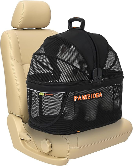 PAWZIDEA Portable Small Dog Crate for Car Travel, Enclosed Pet Car Seat for Small/Medium Dogs Cats up 33lb, Reversible No-Zip Canopy, Soft-Sided Pet Carrier Basket, Collapsible Dog Kennel, Metal Frame