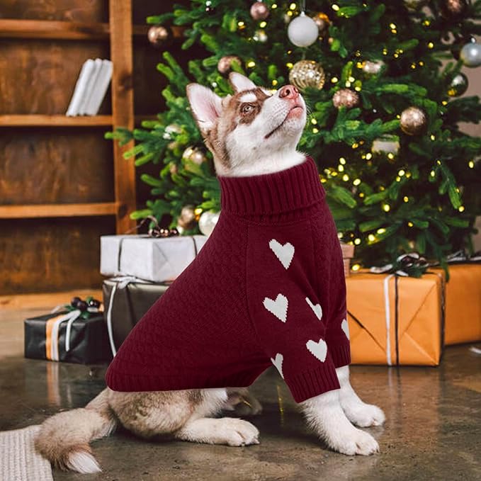 Kuoser Dog Sweater,Thermal Knitted Large Dog Sweaters,Turtleneck Thick Pet Holiday Sweater Dogs Christmas Outfit,Cold Weather Pet Winter Clothes Doggie Knitwear Girl Boy for Fall Xmas,Red L