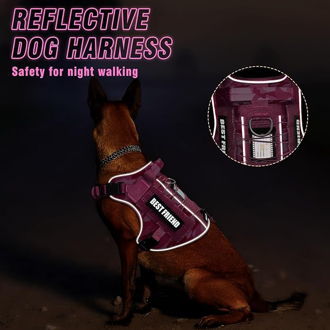 Tactical Dog Harness for Large Dogs,No Pull Military Dog Vest with Easy Control Handle&Molle,Adjustable Heavy Duty Pet Harness for K9 Working Hiking Training Daily Walking Camo Pink L
