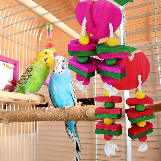 Hamiledyi Natural Wood Block Bird Cage Toys Parrot Chewing Toy Tomato&Peach&Pear&Strawberry Shaped Hanging Foraging Toy for Small&Medium Birds Parakeets Cockatiels,4pcs