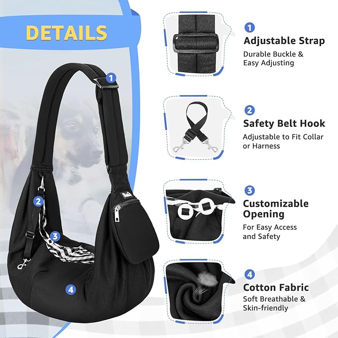 Lukovee Pet Sling, Hand Free Dog Sling Carrier Adjustable Padded Strap Tote Bag, Shoulder Bag with Safety Belt & Front Pocket for Small Dog Cat Puppy (Black-WY,M)