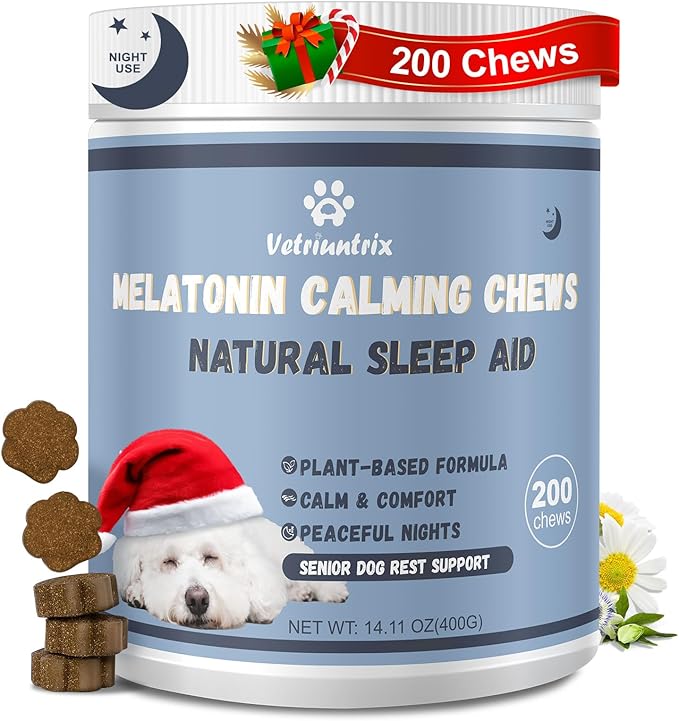 Melatonin for Dogs, Calming Chews for Dogs for Sleep Aid, Fireworks, Storms, Thunder, Barking, Separation, Dog Calming Chews with Valerian Root & L-Theanine, 200 Count