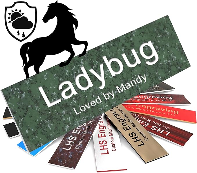 Horse Stall Name Plate, 2x12 Personalized Stall Signs, UV Protected, All Weather Adhesive, Hanging, Mounting or Other, Green Marble Pattern Plastic White Letters - Made in USA - S4