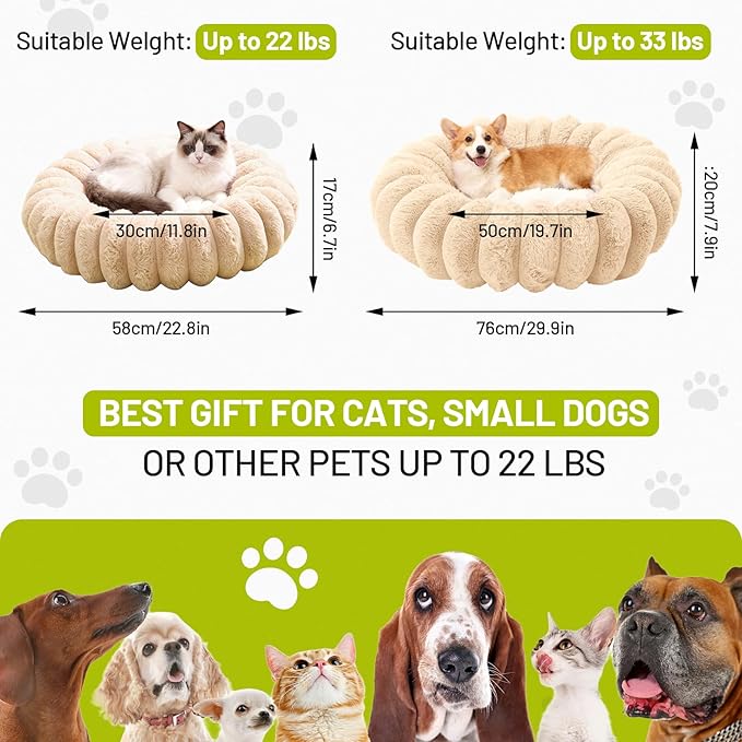 Cloudsoft Flower Cat Bed and Dog Bed, Washable Plush Pet Bed with Non-Slip Water-Resistant Bottom, Faux Furfor Cats & Small Dogs Up to 22 lbs, 22.8"x22.8" (Light Beige)