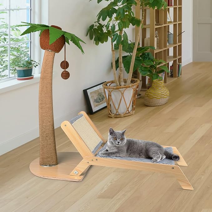 Cat Scratch Post with Lounge 2 in 1, 29.5 Inch Tall Palm Tree Cat Scratching Post for Indoor Cats, Sisal Rope Scratching Posts with Beach Chair for Cat Kitten Play and Rest
