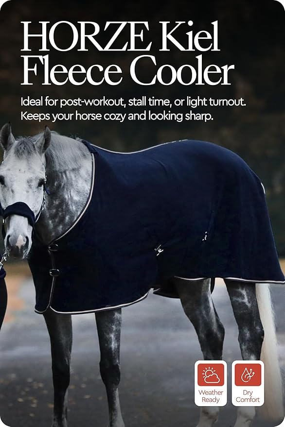 HORZE Kiel Fleece Horse Cooler Blanket | Quick-Dry Fleece Horse Cooler Sheet with X-Surcingles & Tail Cord - Dark Navy - 72 in