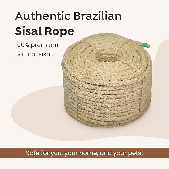 Premium Brazilian Sisal Rope, Natural Fiber 100% Sisal, Ultra Durable, Chemical-Free, Ideal for DIY, Cats, Scratching Post Replacement, Home Decor, Garden, Crafting (5/16” 50 ft / 8mm 15m)