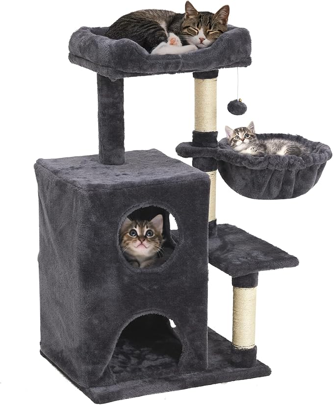 Multi-Level Cat Tree Tower for Large Cats with Scratching Posts, Condos, Perch, Hammocks & Toys, Cat Jungle Gym for Indoor Cats, Ideal for Multi-Cat Households, Dark Grey