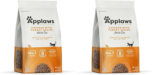 Applaws Complete Dry Cat Food, Grain-Free, Limited Ingredient with Added Vitamins & Minerals, Protein, Supports Digestion, Chicken & Turkey (4 Pound Bag) (Pack of 2)