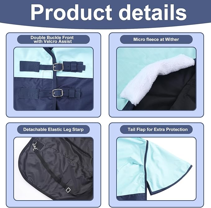 600 Denier Rip-Stop Horse Rain Sheet Lightweight Waterproof and Breathable Turnout Horse Blanket (No Fill) Turquoise/Navy 81