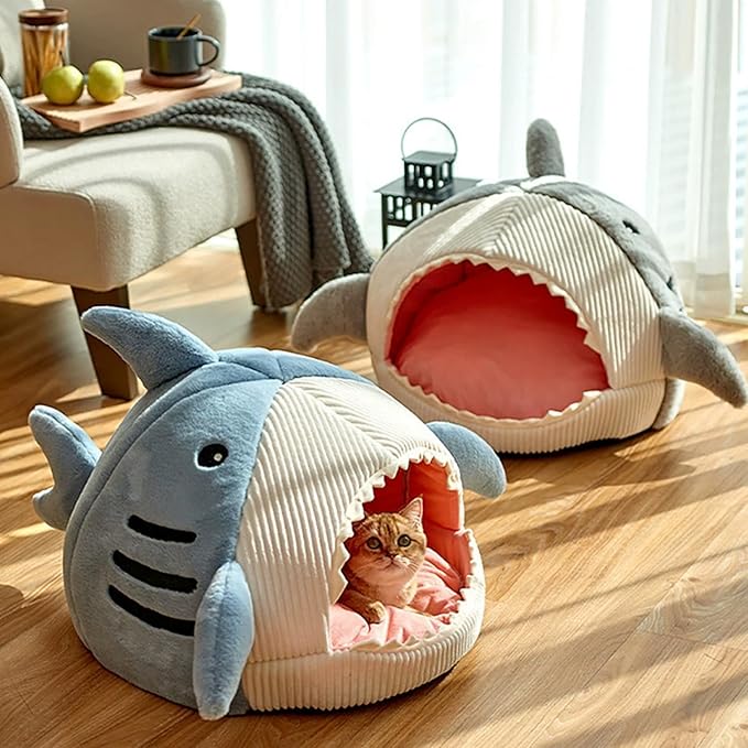 Shark Cat House, Shark Shaped Kennel, Kitten Bed Hideout House, Covered Shark Head Shaped Indoor Pet Nest for Cat, Small Dogs (Grey, S(15 * 13.8 * 12.6 in))