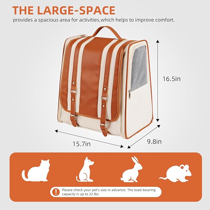 Faux Leather Cat Backpack Carrier,Cat Carrying Backpack for Small Cats and Dogs,Combines Light-Blocking Capabilities for Privacy Protection with air Circulation,Cushion Back Support