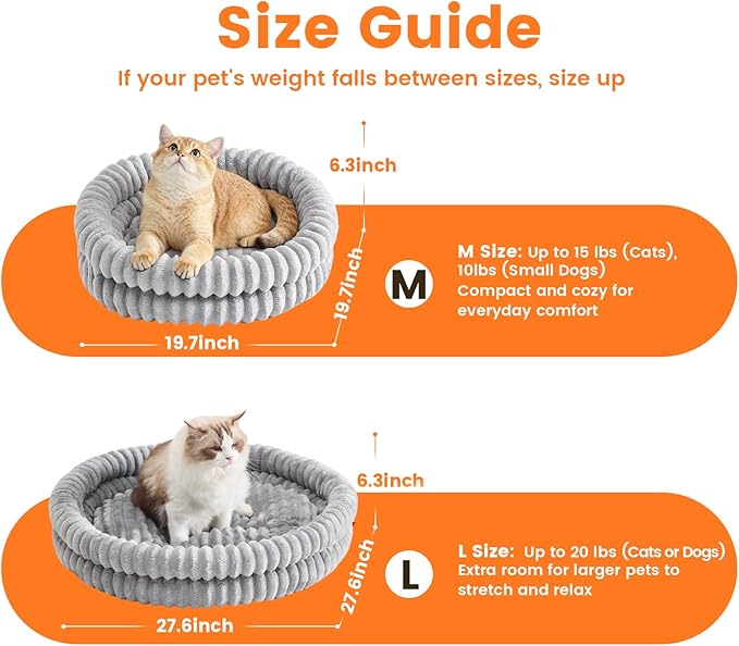 Extra Large Fluffy Cat Beds for Indoor Cats, Washable Round Orthopedic Dog Bed for Small Medium Dogs, Soft Fuzzy Pet Bed with Non-Slip Bottom, Cute Kitten Bed, 27.6x27.6x6.3 in, Gray