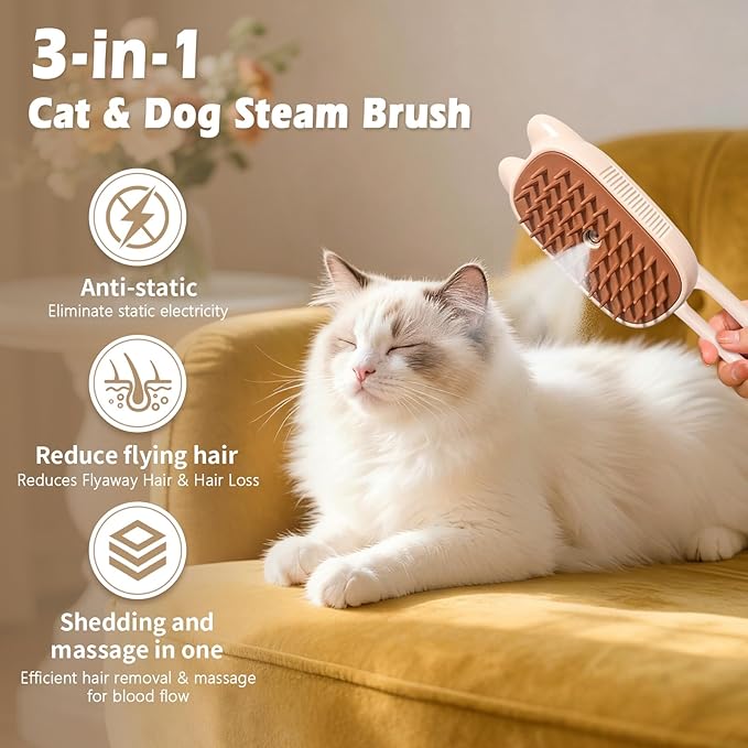 Cat Steam Brush for Shedding, Spritz Defur Comb 3 in 1 Pet Rechargeable Steam Brush Tool for Long and Short Haired Cats and Dogs, Anti-Static, Shedding, Detangling, Massage & Combing (White)