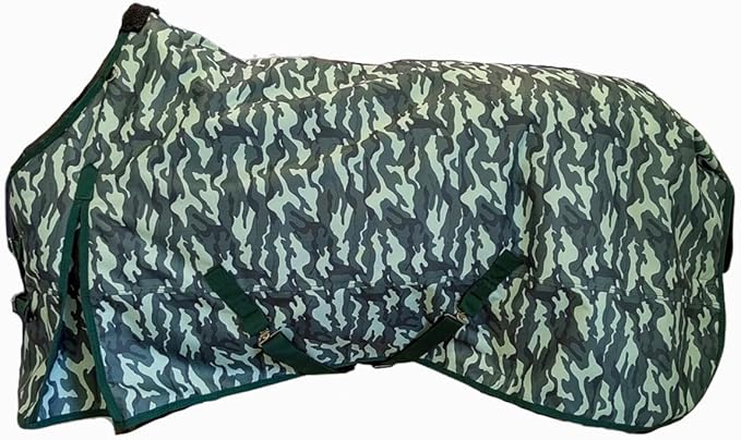 AJ Tack 1200D Waterproof Winter Horse Blanket with Hood - 400g Heavyweight Turnout with Fleece Collar, Shoulder Gussets & Tail Flap - Camouflage 74"