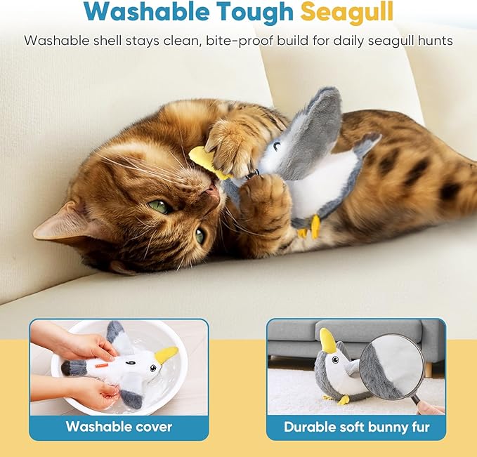 Petbobi Flapping Bird Cat Toys - Interactive Cat Toy with Flapping Wings(No-Flying) and Chirp Tweet, Rechargeable Motion-Activated Catnip Seagull Toys for All Breeds Kittens