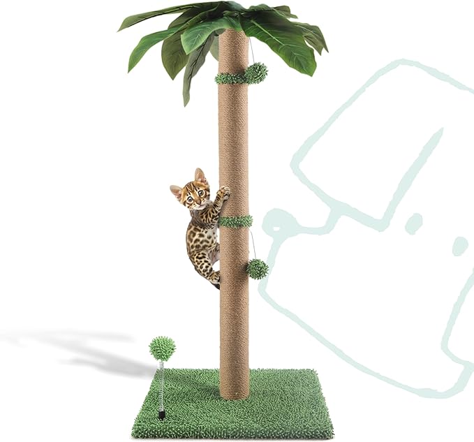 Cat Scratching Post, 34'' Tall Cat Scratchers for Indoor Cats with Hanging Balls, Tall Cute Sisal Kitten Scratch Post with Reinforced Stable Base, Green, Medium