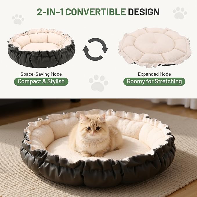 Cat Bed for Indoor Cats, 24.8 Inch Adjustable Small Dog Beds for Puppy & Kitty, Round Kitten Bed with Drawstring, Extra Soft & Machine Washable