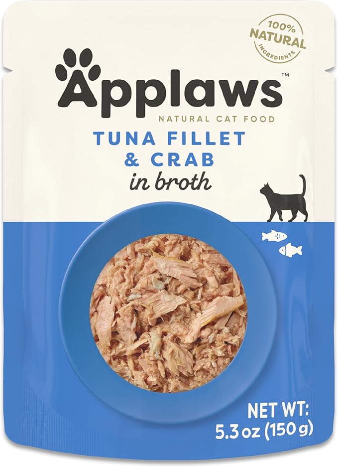 Applaws Natural Wet Cat Food in Broth, Limited and Natural Ingredients, High Protein with No Artificial Additives, Tuna Fillet & Crab in Broth (12 x 5.3oz Pouches)