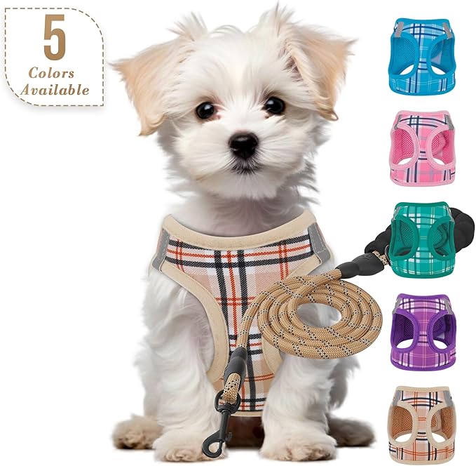 Athena Collection Small Dog Harness with 5 ft Leash, Step-in Dog Harness Leash Set Extra Small No Pull Dog Vest Harness with Reflective Strips Adjustable Velcro, Easy Walk Puppy Harness, Beige