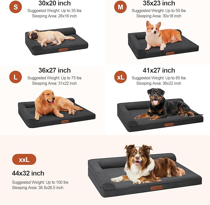 Orthopedic Dog Beds Large Sized Dog, Memory Foam Pet Bed for Large Dogs, Removable and Washable Microsuede Cover, TPU Waterproof Liner, Nonskid Bottom, 44x32x6 Inches, Dark Grey
