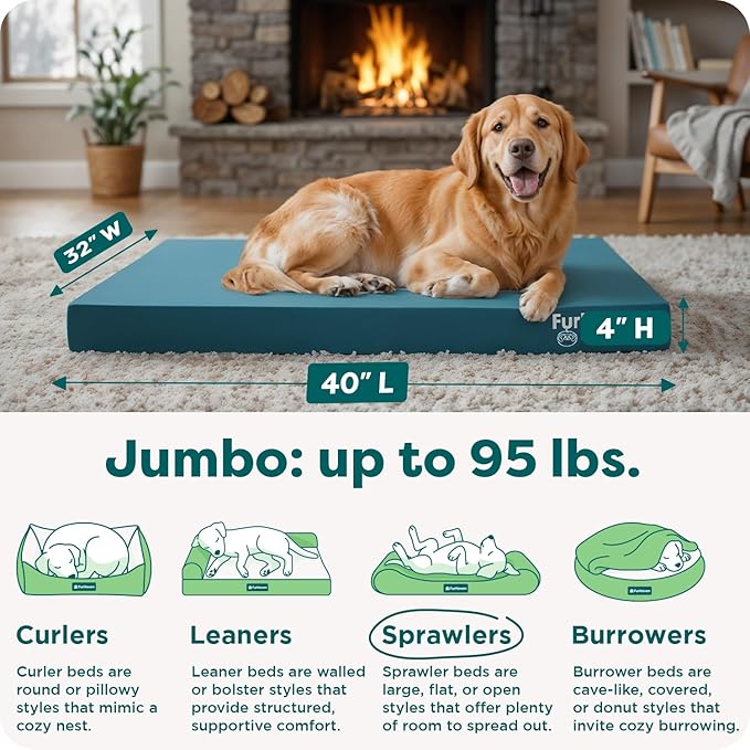 Furhaven Water-Resistant Orthopedic Dog Bed for Large Dogs w/ Removable Washable Cover, For Dogs Up to 95 lbs - Indoor/Outdoor Logo Print Oxford Polycanvas Mattress - Deep Lagoon, Jumbo/XL