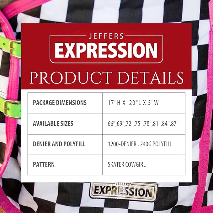 Jeffers Expression 1200 Denier Standard Neck Turnout Blanket, Skater Cowgirl, 78" - Waterproof, Breathable Horse Blanket with 240 gram of Polyfill, Ideal Protection for Winter, Medium Weight
