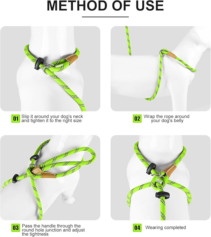 Lynxking No Pull Rope Dog Harness No Pull Reflective Leash Harness Collar 3 in 1 Dog Halter Harnesses Adjustable for Large Giant Dog (Light Green, Small 3/8 inch)
