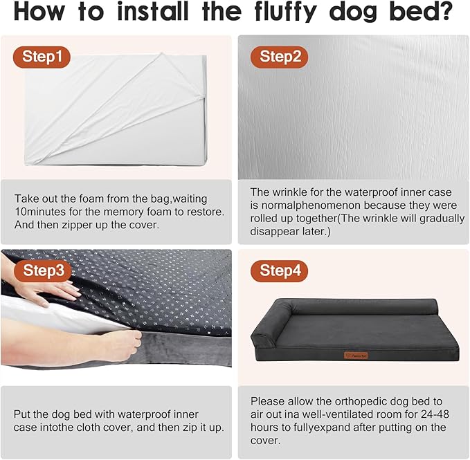 Orthopedic Dog Beds Large Sized Dog, Memory Foam Pet Bed for Large Dogs, Removable and Washable Microsuede Cover, TPU Waterproof Liner, Nonskid Bottom, 44x32x6 Inches, Dark Grey
