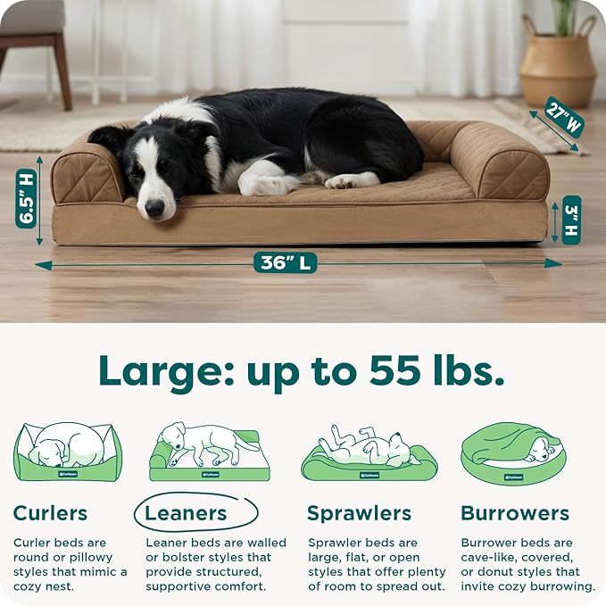 Furhaven Orthopedic Dog Bed for Large/Medium Dogs w/ Removable Bolsters & Washable Cover, For Dogs Up to 55 lbs - Quilted Sofa - Toasted Brown, Large