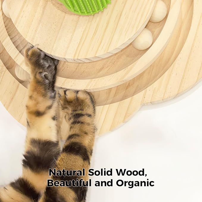 TINYBEAST Wooden Cat Scratching Post, 4 in 1 Cat Scratcher Toy with Cat Ball Tracks, 24.8" Tall Sisal Scratch Post for Indoor Kittens Adult Cats, Interactive Feather Toy and 4 Sisal Hanging Balls