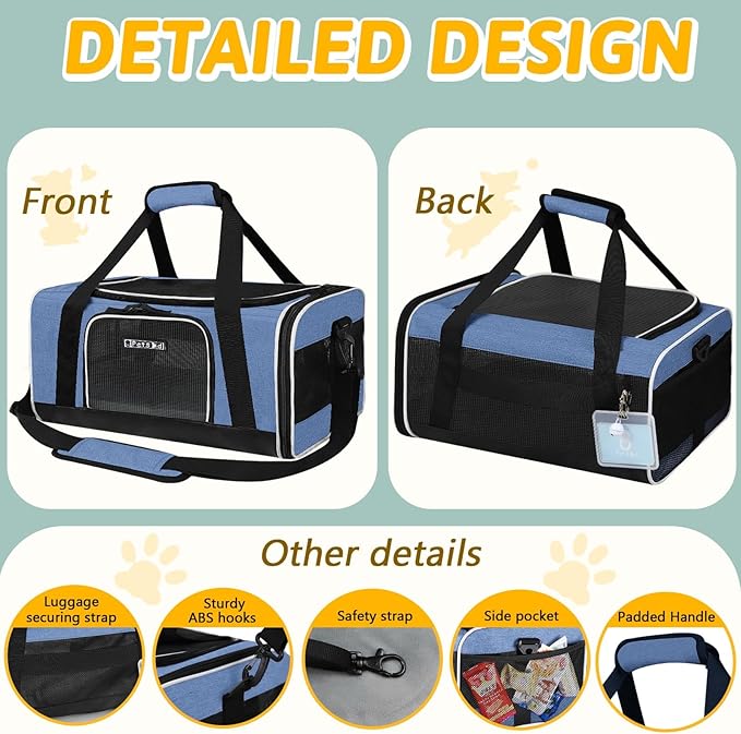 Petskd Pet Carrier 17x12x8.5 JetBlue Allegiant Airline Approved,Pet Travel Carrier Bag for Small Cats and Dogs, Soft Dog Carrier for 1-8 LBS Pets,Dog Cat Carrier with Safety Lock Zipper(Blue)