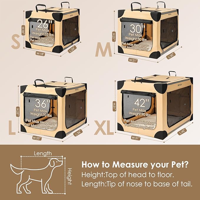 EHEYCIGA Collapsible Dog Crate 42 Inches, Portable Travel Crate for Extra Large Dogs, Soft Foldable Pet Kennel with 4-Door Mesh Windows Indoor & Outdoor, Biege